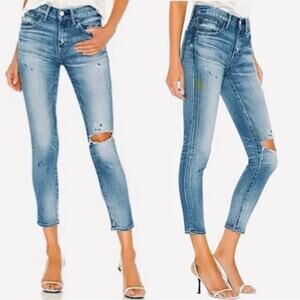 Moussy Womens Skinny Jeans Skinny Medium Wash Blue Distressed Splatter Size 24